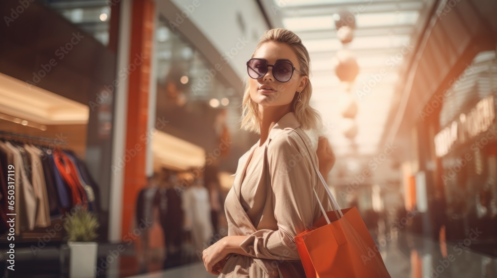 Wall mural Happy young woman with shopping bags walking in the mall on Black Friday for shopping.