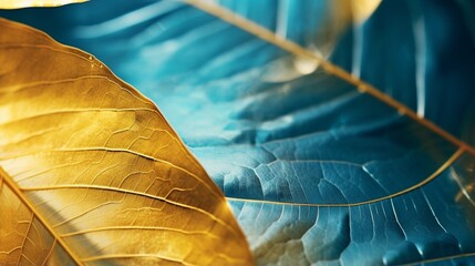 31. Extreme close-up of abstract blurred autumn leaves, deep teal and goldenrod hues, in the style of gradient blurred wallpapers, depth of field, serene visuals, minimalistic simplicity, close-up, mi