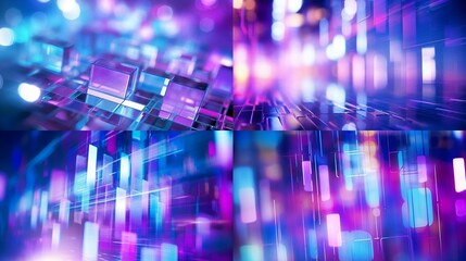 31. Extreme close-up of abstract blurred city lights, neon purple and electric blue hues, in the style of gradient blurred wallpapers, depth of field, serene visuals, minimalistic simplicity, close-up