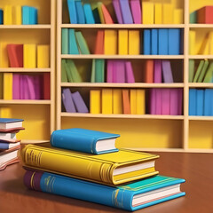 set of books on the table. background yellow color and book hanging.,