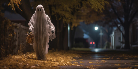 child in a ghost costume, carrying a trick - or - treat bag, walking alone on a leaf - covered sidewalk, melancholic expression, streetlights casting eerie glows