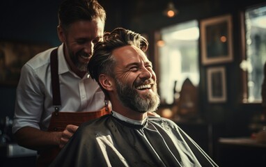 A happy barber giving a haircut to a handsome happy male client in a profesional barbershop. Generative AI