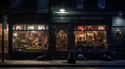 Halloween storefront, antique shop with mysterious items in the window, black cats, crystal balls,...