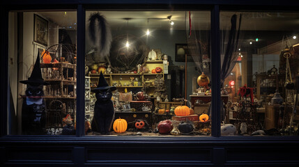 Halloween storefront, antique shop with mysterious items in the window, black cats, crystal balls,...