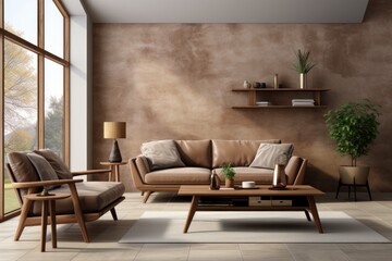 Details of fabulous living room modular sofa with wooden details, luxurious furnishings and natural light