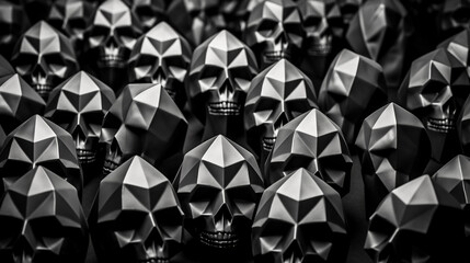 Skulls and Crossbones in Cubism: Multi - faceted geometric forms of Halloween skulls, black, white, and grey palette, stark contrast, moody and modern