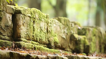 . Extreme close-up of abstract blurred ancient ruins, sandstone brown and mossy green hues, in the...