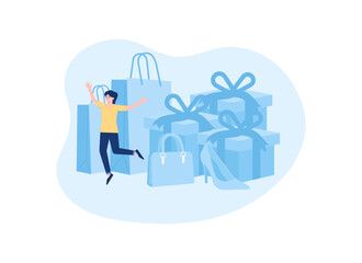 Happy woman shopping online and getting promotional gifts concept flat illustration
