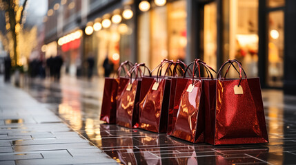 Obraz premium Gift bags against the background of sparkling shop windows of city stores, concept of sales season, Black Friday, Cyber Monday