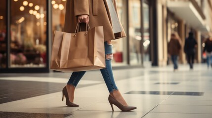 Fototapeta premium Young woman with shopping bags walking in the mall on Black Friday for shopping.