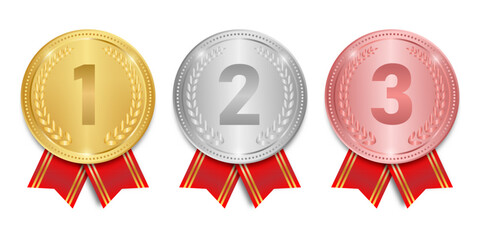 Medal. Gold, Silver and Bronze Medals with Red Ribbon. Sport Winner Medal. Champion and Winning Concept. Vector Illustration.