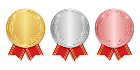 Medal. Gold, Silver and Bronze Medals with Red Ribbon. Sport Winner Medal. Champion and Winning Concept. Vector Illustration.