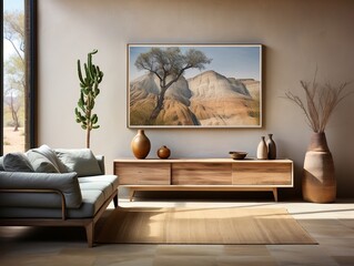 The interior design of the modern living room with a wooden rustic cabinet and a poster frame generative ai