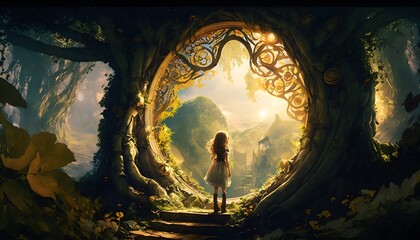 view from below Enchanted forest magical tree of life covered in fairy doors little girl standing in front of tree surrounded by fairies secret garden Swiss family Robinson pixies golden hour god  - obrazy, fototapety, plakaty