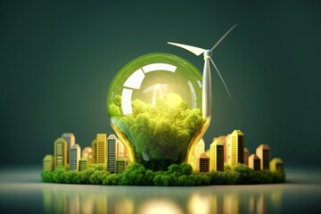 Energy consumption and CO2 gas emissions are increasing light bulb with green eco city , Renewable energy by 2050 Carbon neutral energy , Save energy creative idea concept, Generative AI - obrazy, fototapety, plakaty
