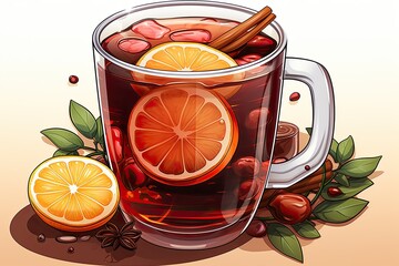 Illustration of Christmas punch in glass cup. Traditional beverage for Christmas holiday and winter time. Close up.