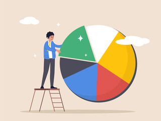 Investment asset concept. Allocation and rebalance, businessman investor or financial planner standing on ladder to arrange pie chart as rebalancing investment portfolio, suitable for risk and return.