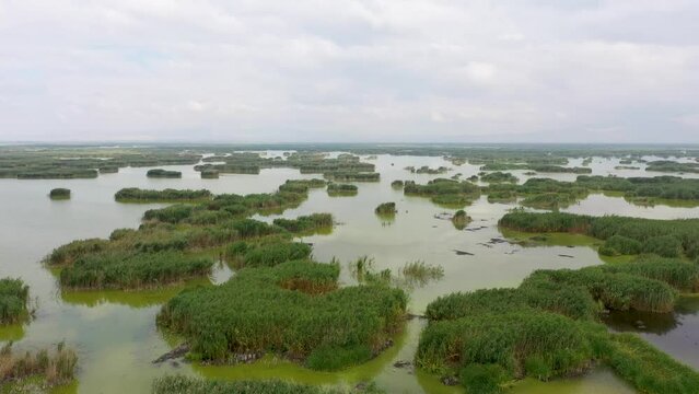 Aerial view of Eber Lake, one of the natural beauties of Afyonkarahisar, from a drone.