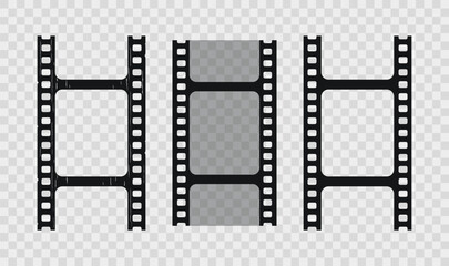 Set of three seamless old photo roll. Cinematic frame on transparent background. Vintage video borders collection. Retro camera reel with slide. Close-up cinema seamless strip. Vector illustration.