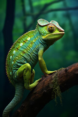 Obraz premium Chameleon sitting on a branch in the rain forest