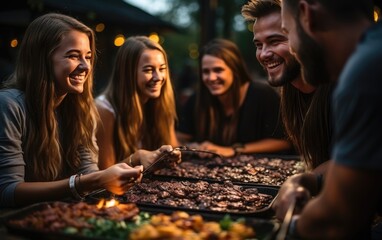 Young people having fun in the park at barbecue grilling and eating together. Generative AI