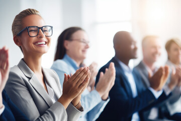 Group of people applauding together in business meeting
