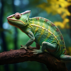 Obraz premium Chameleon sitting on a branch in the rain forest