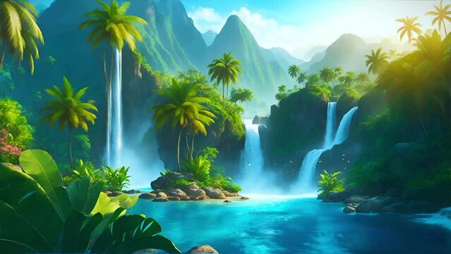 Explore an exotic jungle with a stunning waterfall and lush greenery