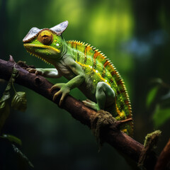 Naklejka na ściany i meble Chameleon sitting on a branch in the rain forest