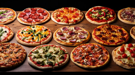 Fototapeta na wymiar Fast Food Pizzas with Various Toppings 32K UH, generative ai