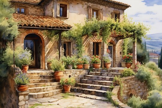 Fototapeta Detailed Watercolor Painting of Tuscan Landscape, Generative AI