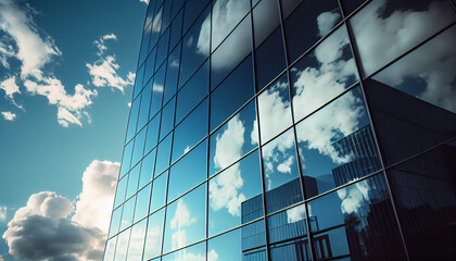 Reflected buildings with window glass reflects the blue sky and white clouds background and business office, Ai generated image