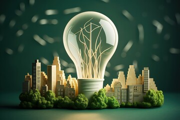 Paper cut of light bulb with green eco city , Renewable energy by 2050 Carbon neutral energy or greenhouse gas emission CO2 , Save energy creative idea concept AI