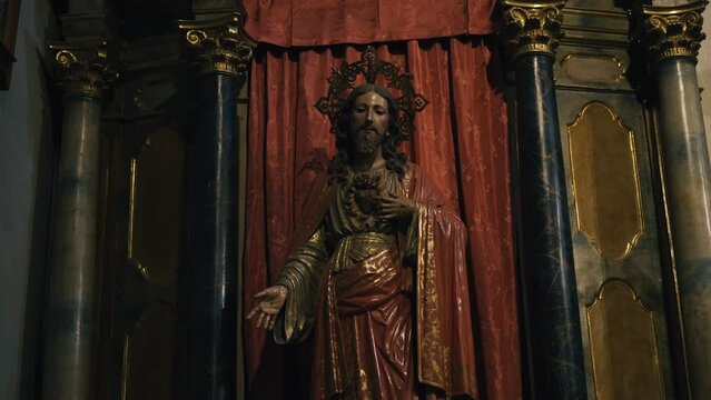 Image of the crucified Jesus Christ in the Catholic Church. Close-up.