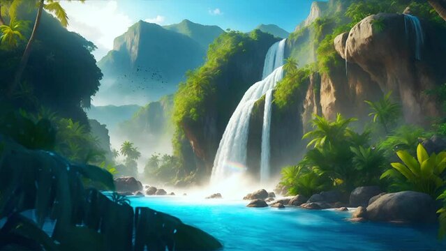 Majestic Natural Serenity, a Tropical Landscape with Waterfall, Fog, and Lush Flora.