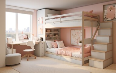 Modern teen bedroom featuring a custom-made with bunk bed, cozy and efficient. Generative AI