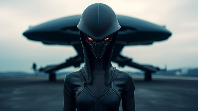 Alien female commander standing in front of a futuristic spaceship.