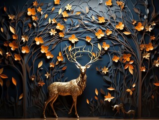 3D dark gold deer forest tree wallpaper home decor generative ai