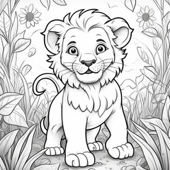Fototapeta premium a lion living free in the wild, line drawing, care for the planet, environment, pollution, care for animals