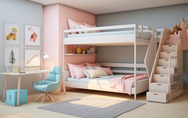 Modern teen bedroom featuring a custom-made with bunk bed, cozy and efficient. Generative AI