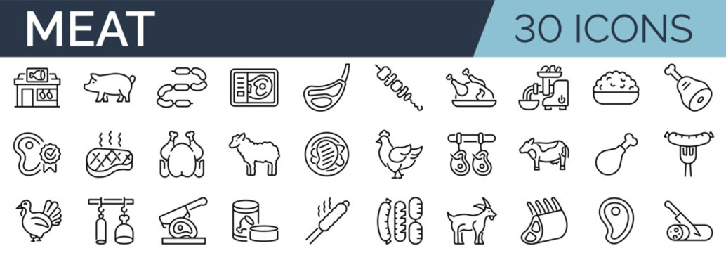Set of 30 outline icons related to meat. Linear icon collection. Editable stroke. Vector illustration