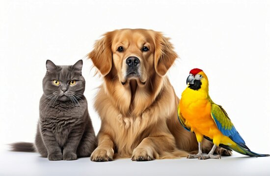 A dog, cat and a parrot sitting together peacefully
