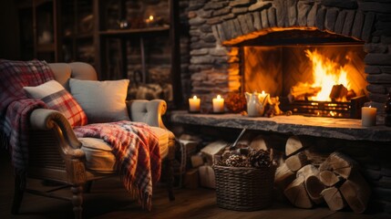 Relaxing by the Christmas fireplace. Cozy living room with fireplace and comfortable furniture