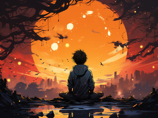 Mental Health in Youth: Raise awareness of mental health challenges among young people. Creative abstract concept about teenager. Colorful illustration of sitting teen boy