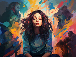 Mental Health in Youth: Raise awareness of mental health challenges among young people. Creative abstract concept about teen girl. Colorful illustration of teenager against strange creatures backdrop