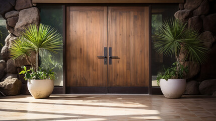 Contemporary Living, Modern Wood Door Entrance of a Stylish Home with Plants, Generative AI