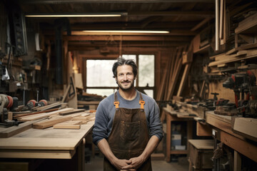 Fototapeta na wymiar Portrait of a young male carpenter in his workshop