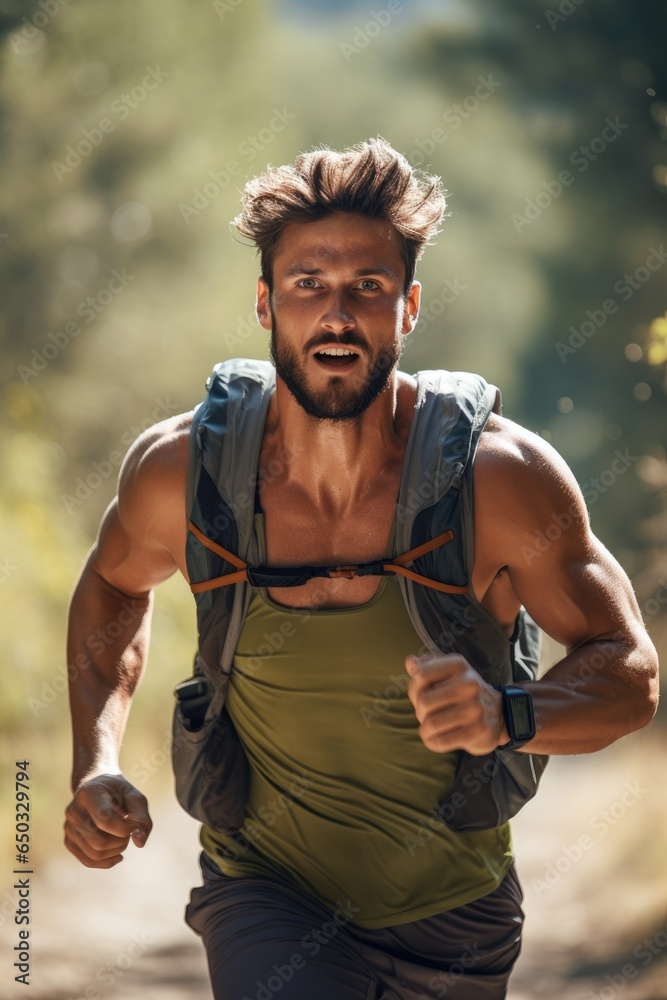 Wall mural Male athlete wearing a vest running on a mountain path in summer. Generative AI