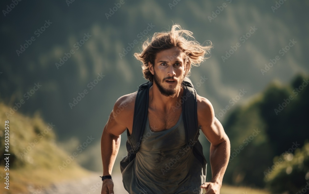 Poster Male athlete wearing a vest running on a mountain path in summer. Generative AI