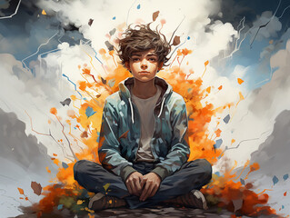 Mental Health in Youth: Raise awareness of mental health challenges among young people. Creative abstract concept about teenager. Illustration of teen boy against colorful backdrop